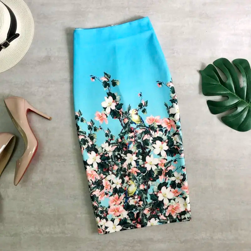 Fashion Midi Skirt For Women Flora Printed High Waist Pencil Skirt Female Causal Flower Bodycon Skirt With Slit