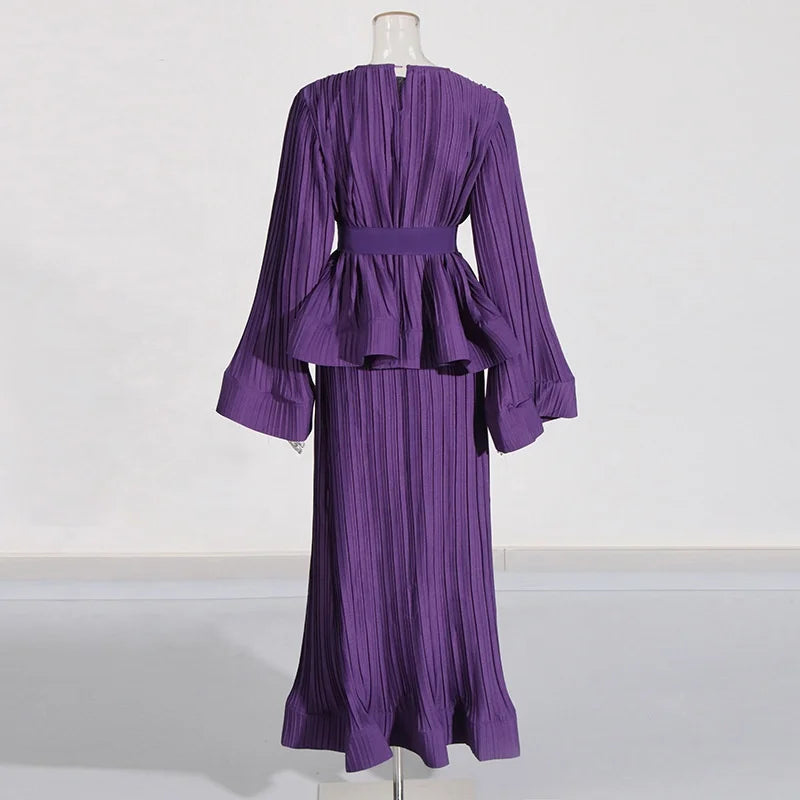 OUDINA Fashion Casual Solid Splicing Ruffled Pleats Skirt Set Elegant Women Two Piece Set Simple Women's Sets