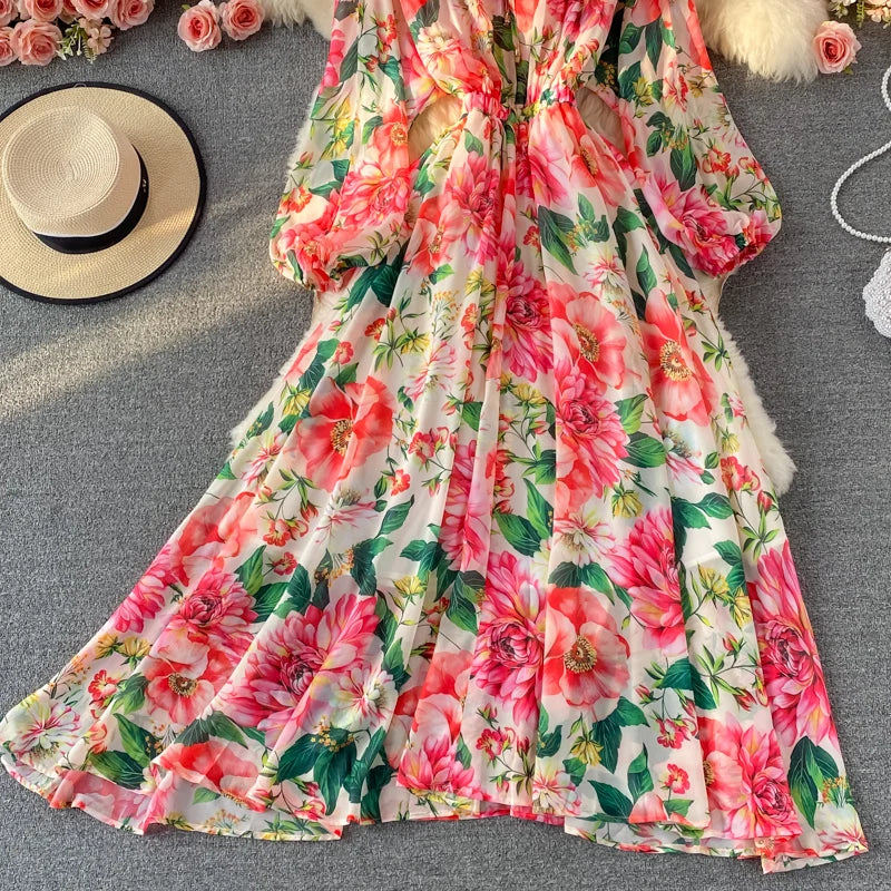 Runway Spring Summer Vacation Dress Women Elegant Bat Sleeve Rose Print Bohemian Lady Chiffon Long Maxi Dress 6637#