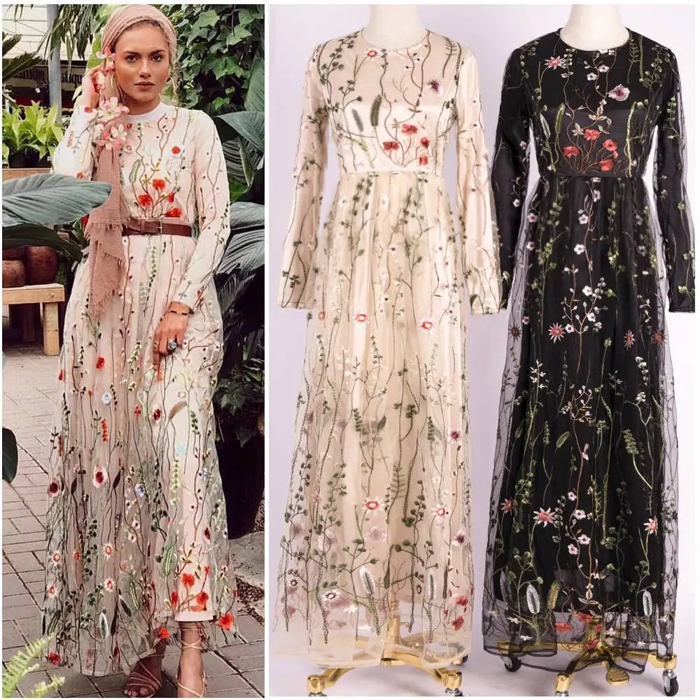 Latest Design Embroidery Flowers Long Sleeves Abaya Fashion Muslim Women Dress