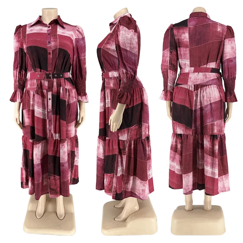 Y218285 High Quality Plus Size Long Dresses Women Casual Long Sleeve Turn-down Colar Printed Maxi Dress Ladies Dress