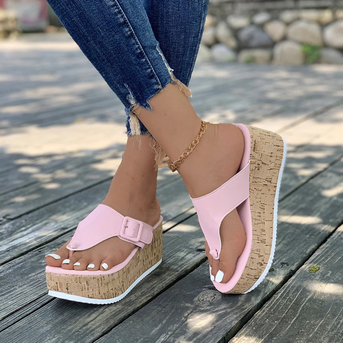 New Arrivals Women's High Heel Sandals Korean Style Flip Flops with Stripe Bottom and Thick Sole Cushioning PVC Eva Material