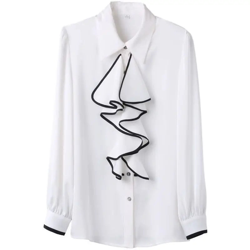 Women's Shirt Ruffles Wave Cut Blouses 2025 Spring Autumn New Elegant Fashion Office Lady Shirts Long Sleeve Lapel Tops Ladies