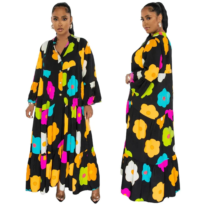 New Arrival Fall Dress Plus Size Floral Print Loose Long Sleeve Maxi Dress for Women