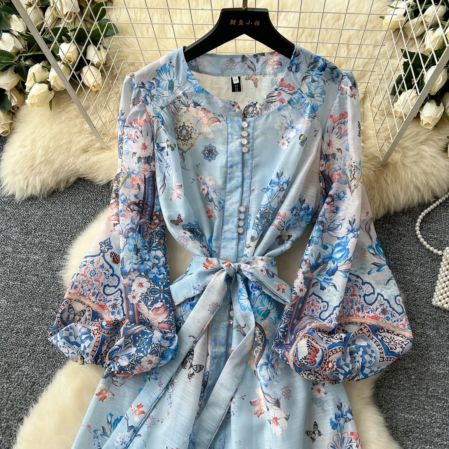 2025 Spring Roman Tunic Slim Bandage Casual Midi Dress For Women Lantern Sleeve Empire Printed Ruffled Lace Dress
