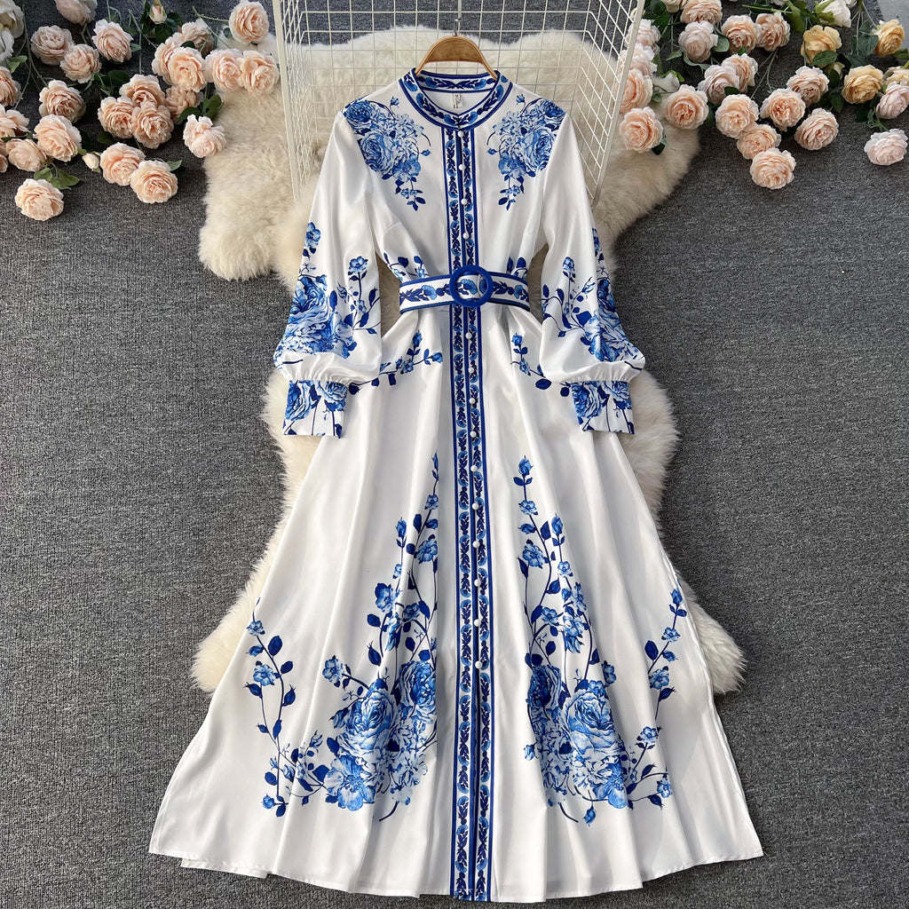 Long Sleeve V-neck Solid A-Line Dress Autumn Simple High Waist Maxi Dress Ladies Casual Dress Clothes Women Wholesale