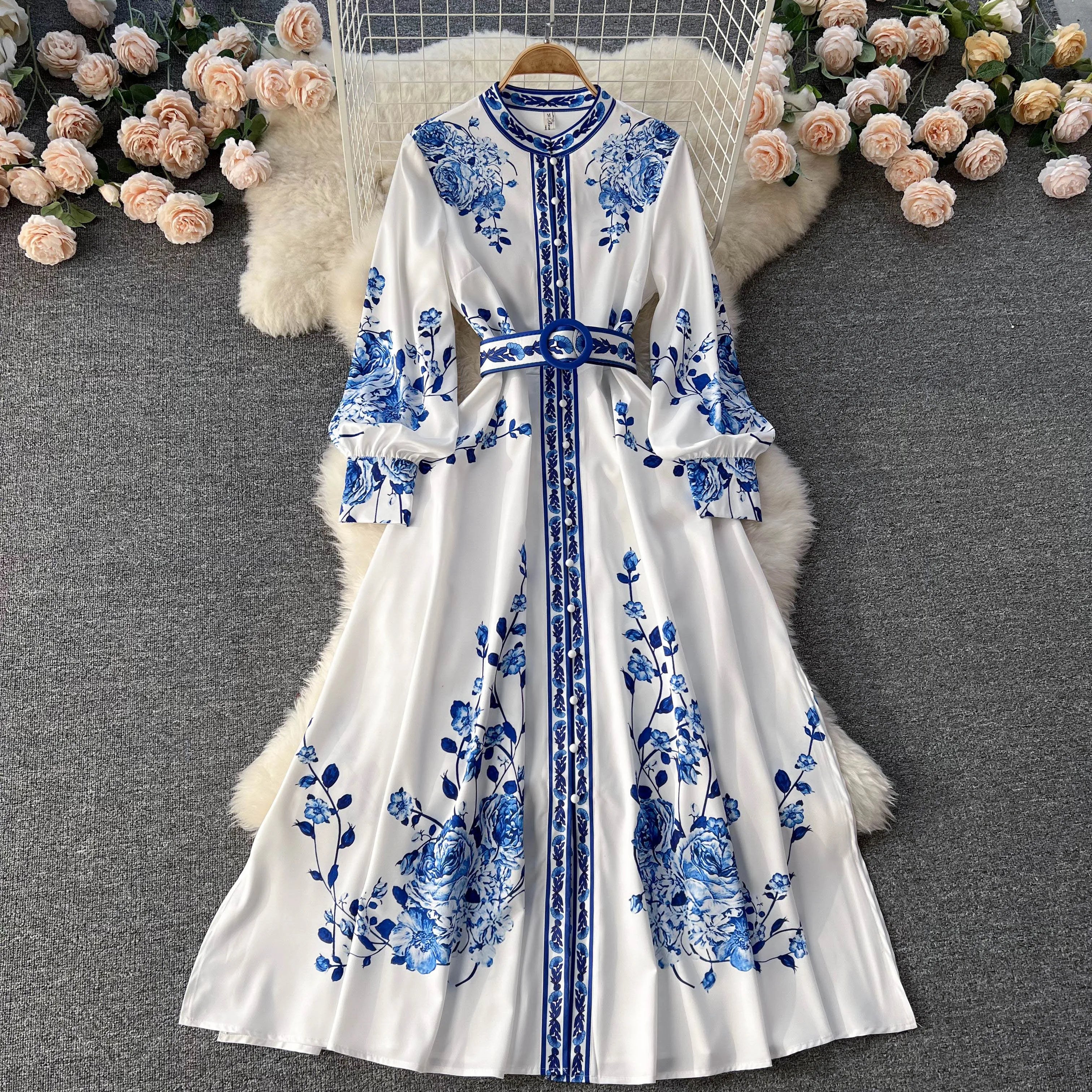 Long Sleeve V-neck Solid A-Line Dress Autumn Simple High Waist Maxi Dress Ladies Casual Dress Clothes Women Wholesale