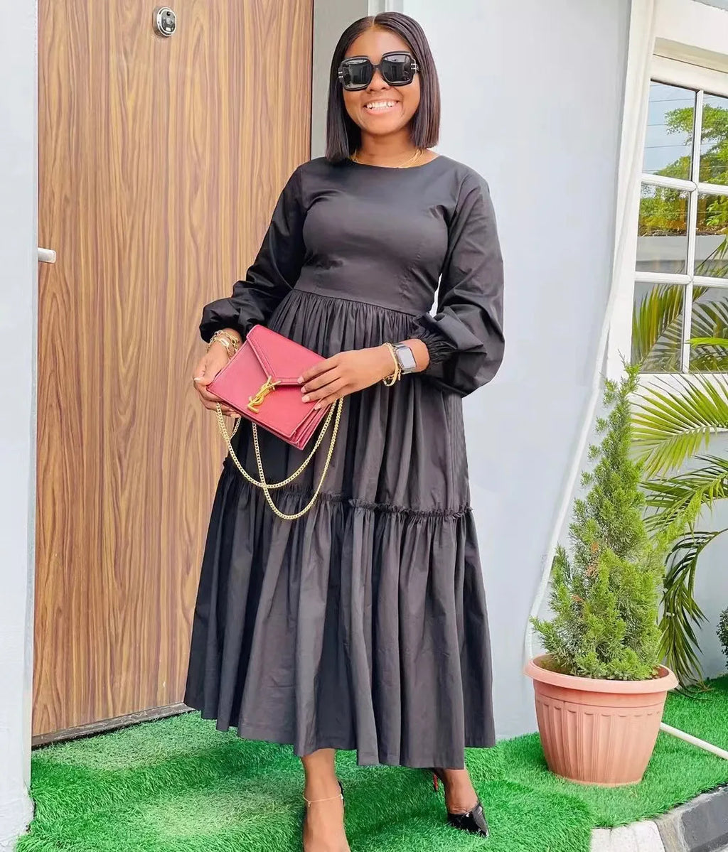 JL446 Long Sleeve Pleated Zipper Long Maxi Dress Ladies Casual Dresses Women with Belt