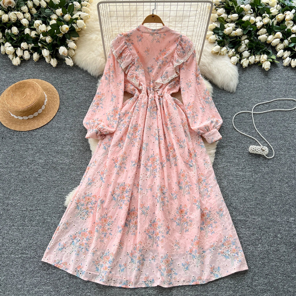 Spring Roman Tunic Casual Midi Dress For Women Empire Floral Hollow Out Lace Dress