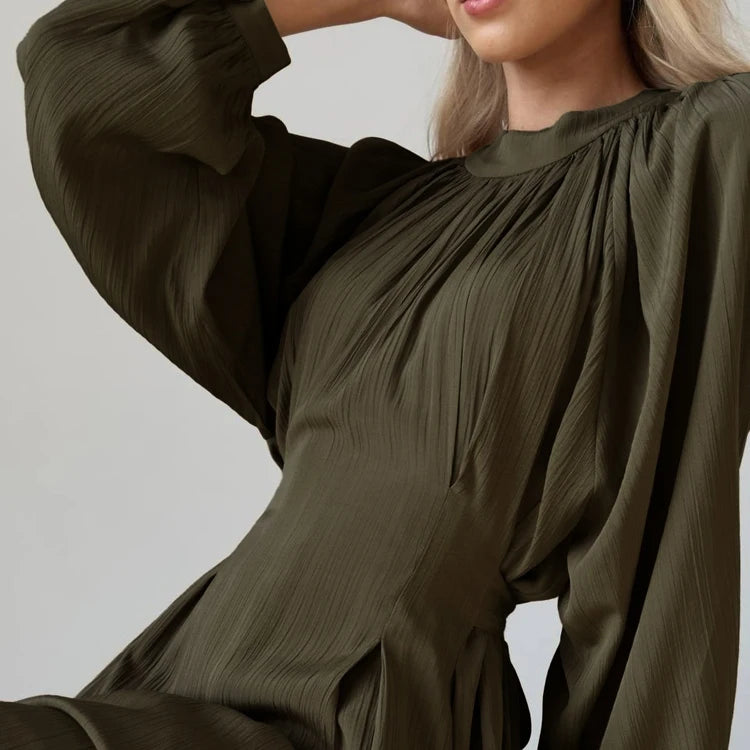 Spring Autumn Fall Button-Up Belted Plisse Elegant Dresses Green Women's Casual Long Sleeve Modest Maxi Dress Ladies