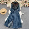 Long Sleeve O-Neck Solid A-Line Dress Autumn Embroidery Denim High Waist Maxi Dress Ladies Casual Dress Clothes Women Wholesale