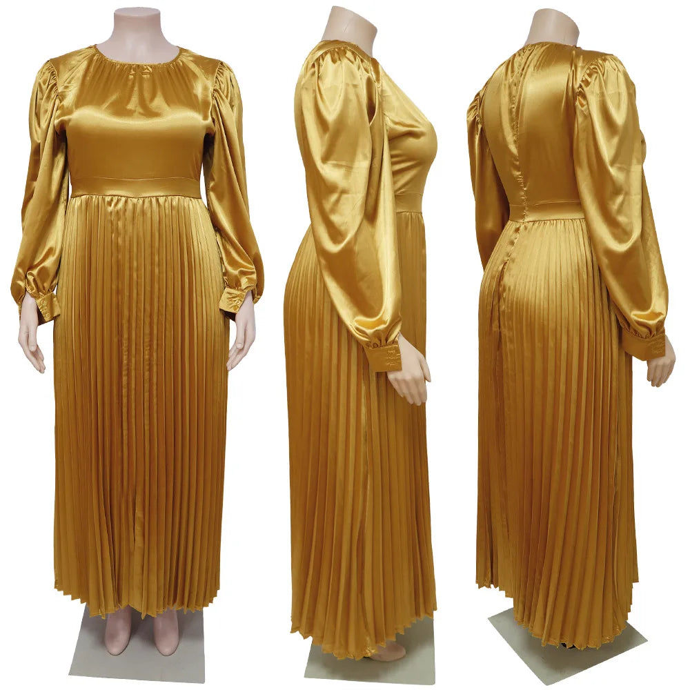 N7729 Best Selling Plus Size Womens Dresses Solid Color O-Neck Long Sleeve A-line Maxi Dress Ladies Pleated Dress