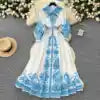 2025 Spring Vacation Turn-down Collar Tunic Casual Midi Dress For Women Lantern Sleeve Empire Printed Lace Dress