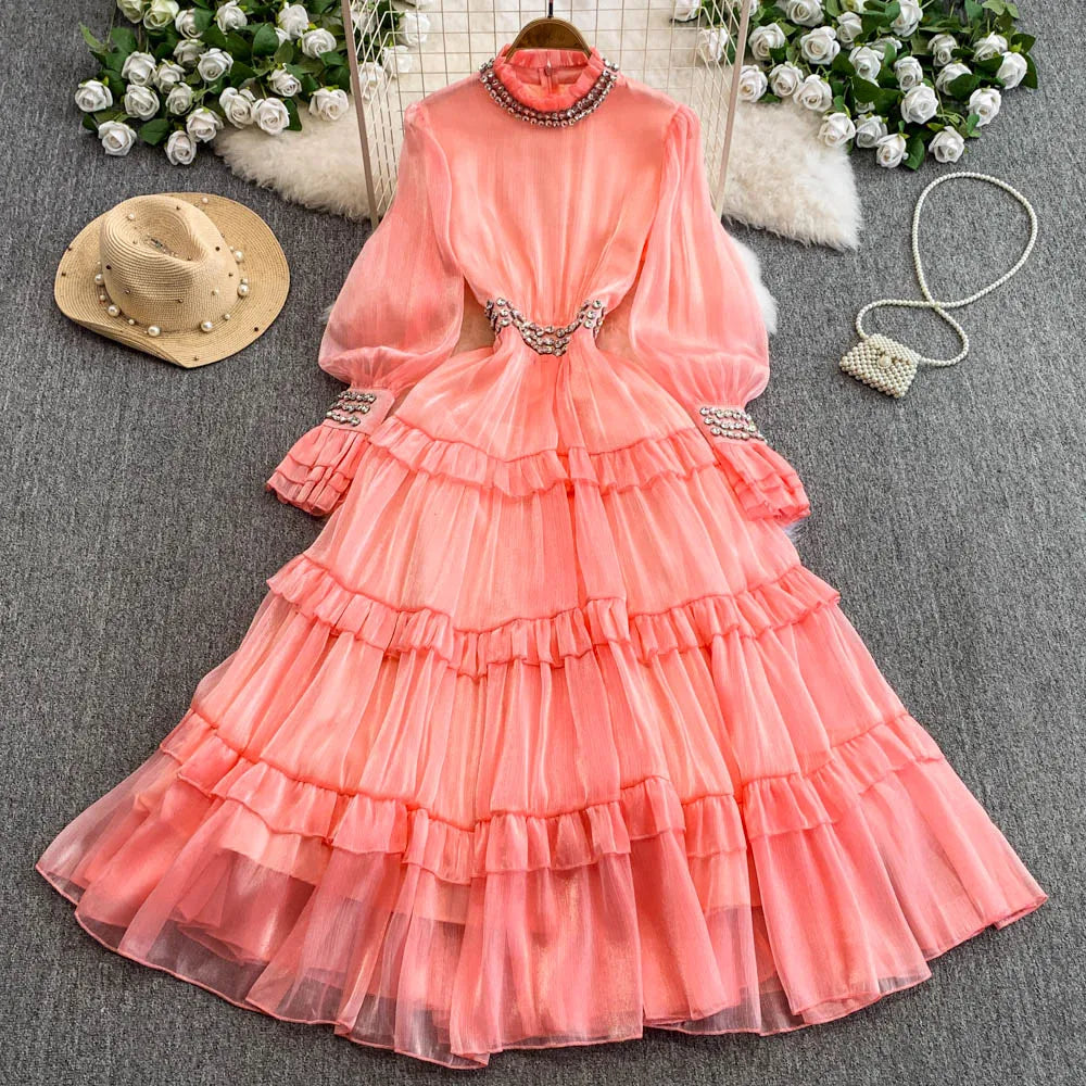 Summer Sweet Stand Collar Ruffle Midi Dress For Women Empire Diamonds Lace Vestidos