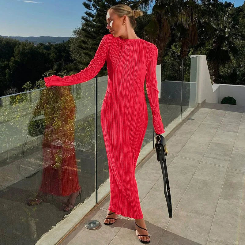 Enyami Spring Collection Plisse Casual Dresses Women Robe Elegance Long Sleeve Pleated Basic Orange Bodycon Maxi Dress