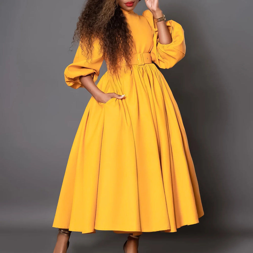 D491 African New Chic Women's New Half High Collar 3/4 Sleeves Large Hem Maxi Dress Solid Elegant Party Office Casual Dress