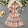 2025 Spring American Style Stand Collar Tunic Pleated Midi Dress For Women Lantern Sleeve Empire Printed Lace Dress