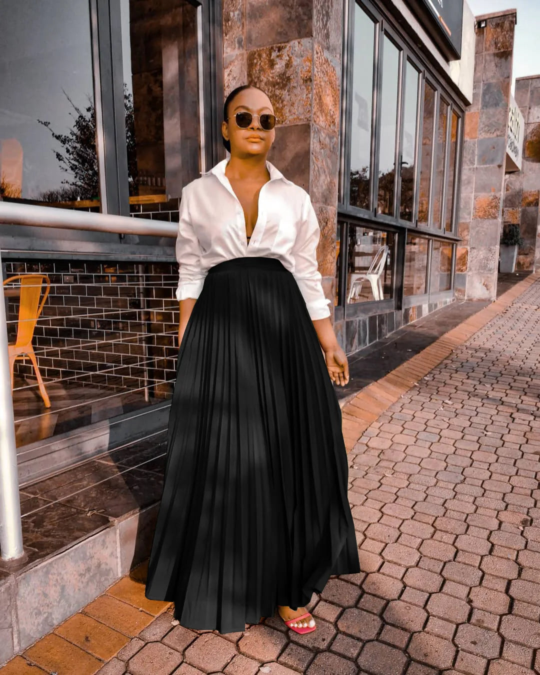 Solid High-Waist Pleated Skirt
