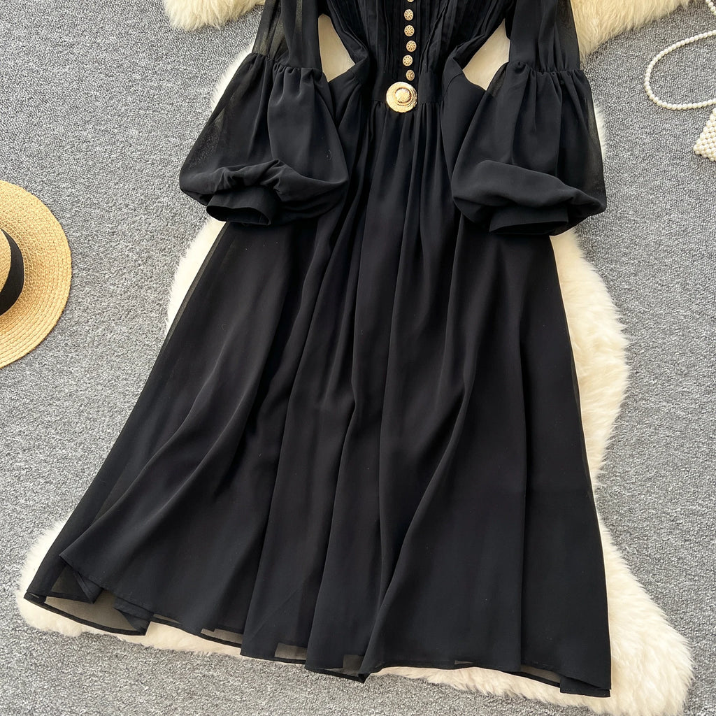 2025 Spring Roman Tunic Slim Casual Midi Dress For Women Lantern Sleeve Empire Lace Dress