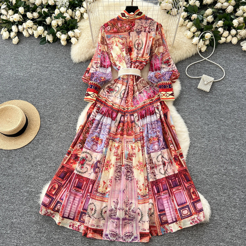 Spring Stand Collar Tunic Casual Midi Dress For Women Lantern Sleeve Empire Printed Lace Dress