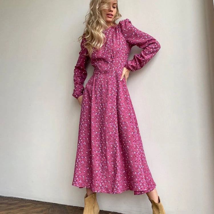 Vestidos Women Elegant Autumn Casual Dresses O Neck Hollow Out Long Sleeve Pink Floral Print Ladies Midi Maxi Dress With Zipper