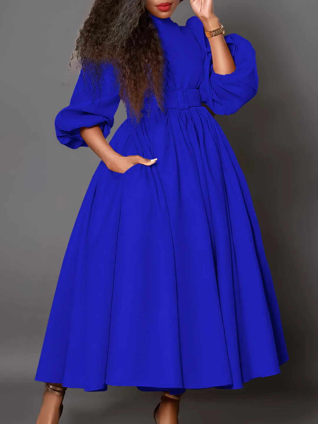 D491 African New Chic Women's New Half High Collar 3/4 Sleeves Large Hem Maxi Dress Solid Elegant Party Office Casual Dress