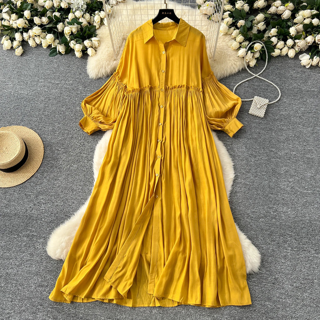 2025 Spring Vintage Slim Shirt Midi Dress For Women Lantern Sleeve Empire Shift Lace Dress
