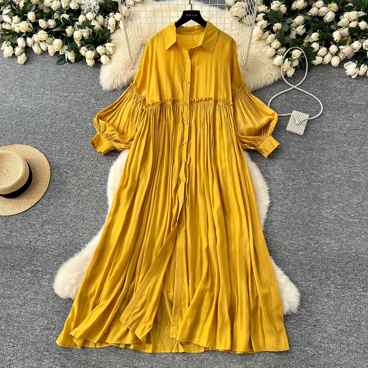 2025 Spring Vintage Slim Shirt Midi Dress For Women Lantern Sleeve Empire Shift Lace Dress