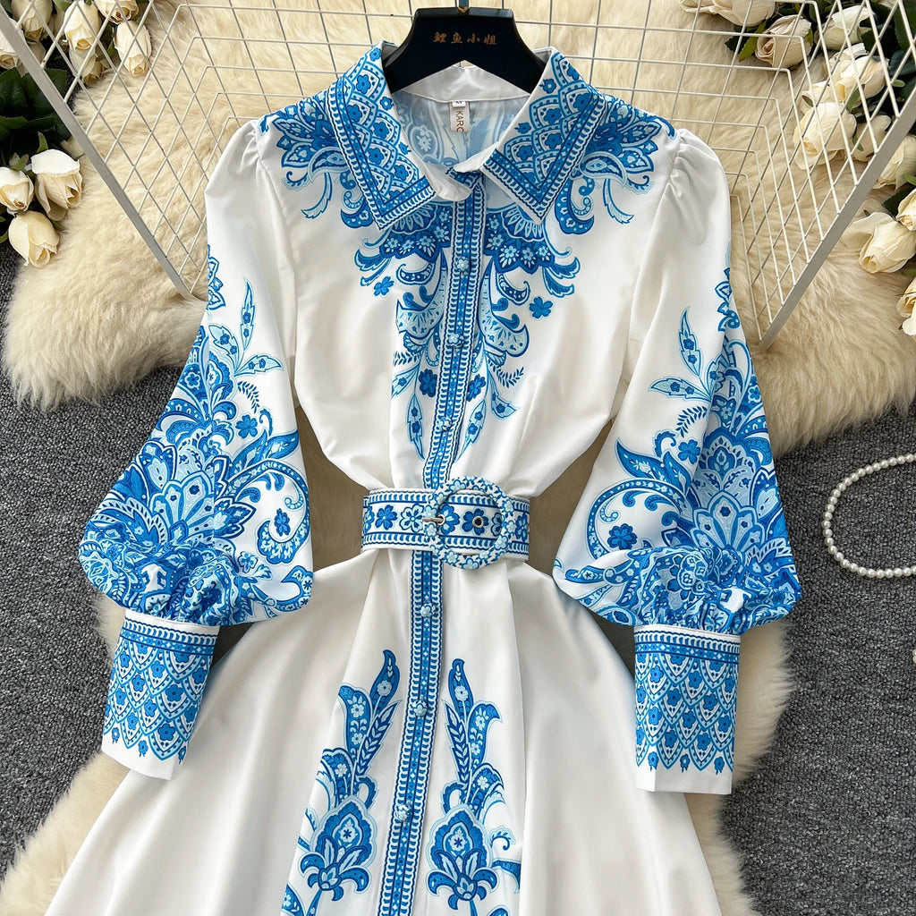 2025 Spring Vacation Turn-down Collar Tunic Casual Midi Dress For Women Lantern Sleeve Empire Printed Lace Dress