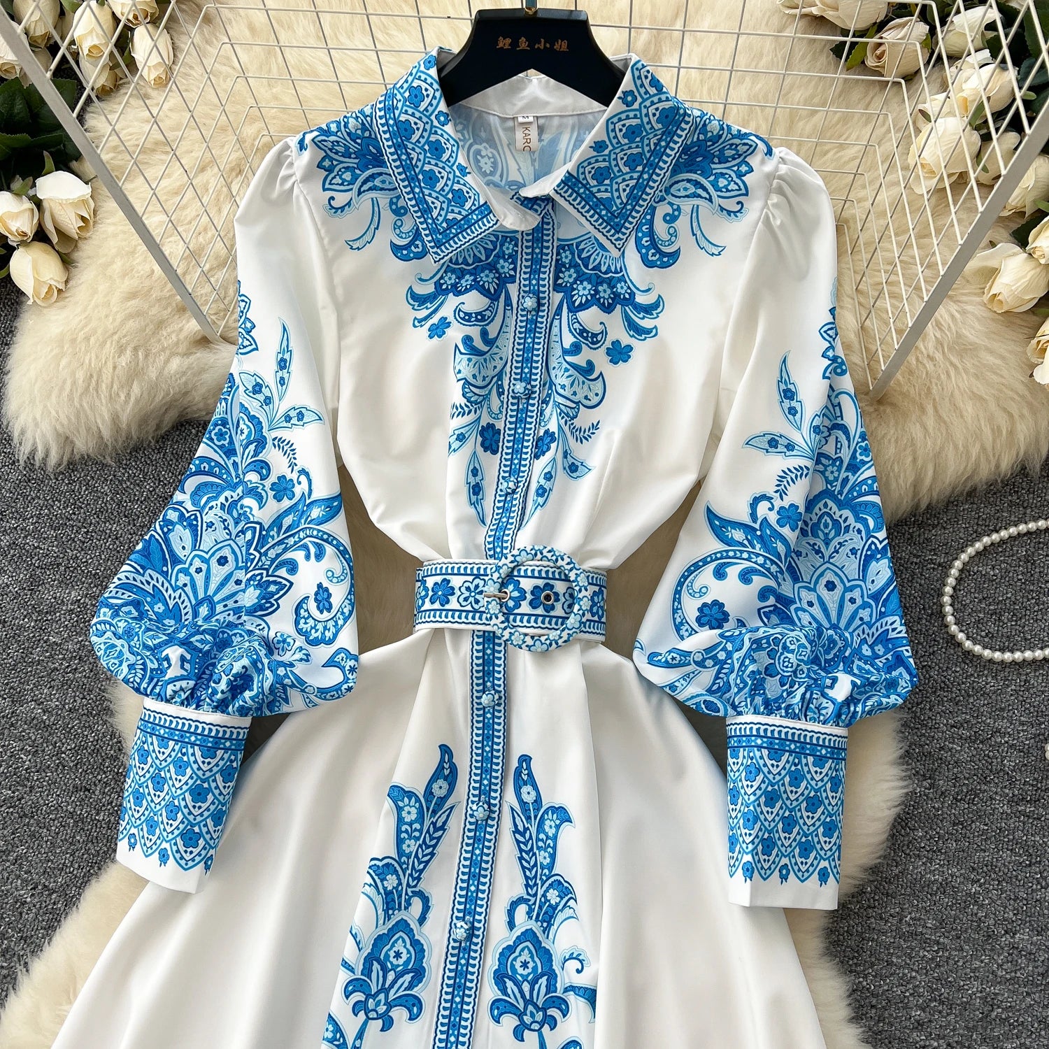 2025 Spring Vacation Turn-down Collar Tunic Casual Midi Dress For Women Lantern Sleeve Empire Printed Lace Dress