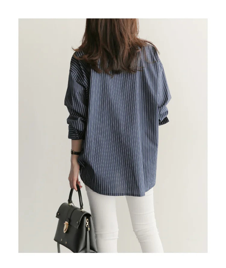 Women Spring and Autumn Cotton Striped Blouse Shirts Loose Casual Long Sleeve Women Shirt Lapel V-neck Button Casual Shirt