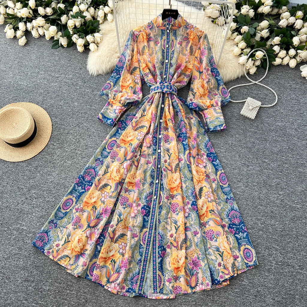 Spring Vintage Stand Collar Tunic Bandage Casual Midi Dress For Women Lantern Sleeve Empire Printed Lace Dress