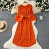Spring Tunic Bandage Pleated Midi Dress For Women Flare Sleeve Empire 3D Lace Dress