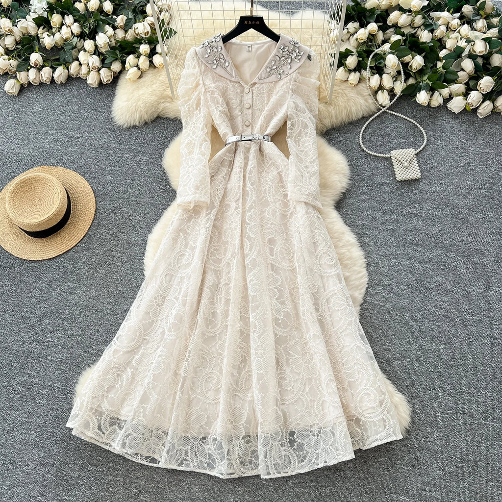 Autumn Casual Maxi Dress Women Lantern Sleeve Empire Hollow Out Ruffled Mesh Dress