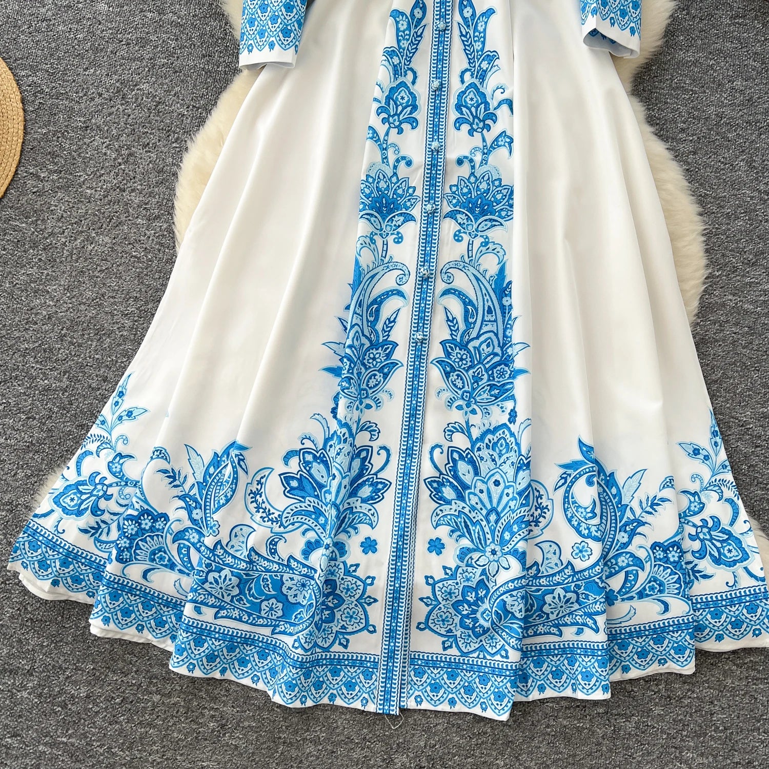 2025 Spring Vacation Turn-down Collar Tunic Casual Midi Dress For Women Lantern Sleeve Empire Printed Lace Dress
