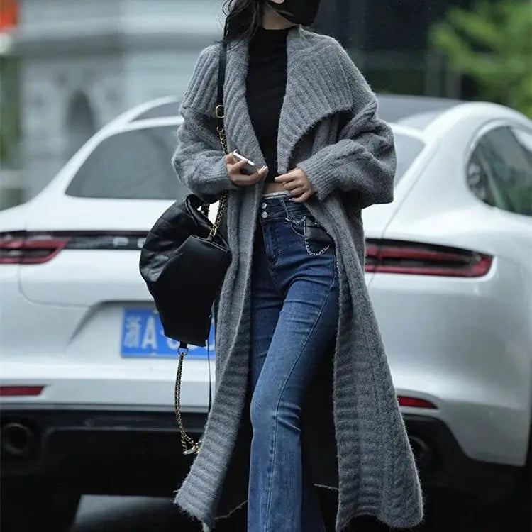 Cable Knit Turndown Collar Longline Sweater Coat