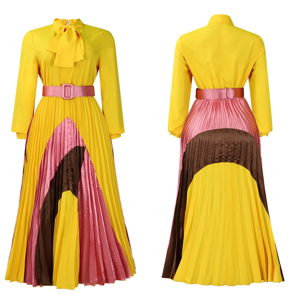 D547 Plus Size Women Party Dresses Women Lace up Long Sleeve Color Blocking Elegant Pleated Maxi Dress for Ladies