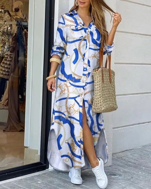 YQY1206 Hot Selling Spring and Summer Fashion Long Sleeve Loose Dress Printed Maxi Dress Ladies Fall Dresses for Women