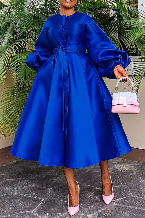 Women Satin Casual Fashion Lantern Sleeve Dress Belted Button a Line Long Dresses Flowy Maxi Dress