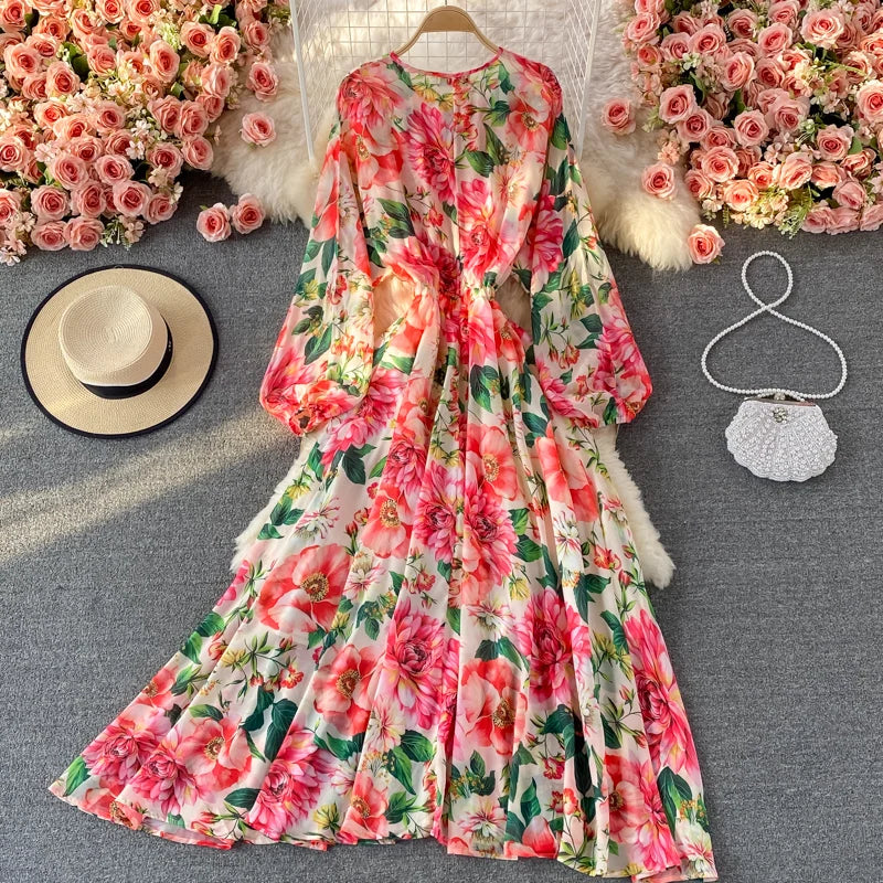 Runway Spring Summer Vacation Dress Women Elegant Bat Sleeve Rose Print Bohemian Lady Chiffon Long Maxi Dress 6637#
