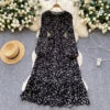 Spring Roman O-Neck Tunic Slim Casual Midi Dress For Women Lantern Sleeve High Elastic Waist Floral Ruffled Lace Dress