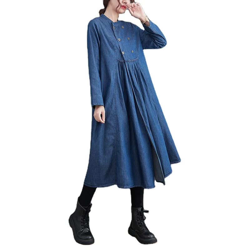 2024 Autumn New Women Dress Fashion Casual Long Loose Waist O-neck Long Sleeve Large Size Loose Double-Breasted Denim Lady Dress