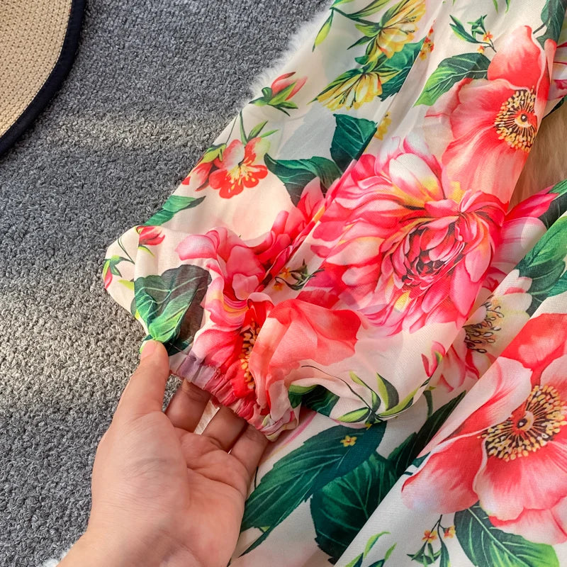 Runway Spring Summer Vacation Dress Women Elegant Bat Sleeve Rose Print Bohemian Lady Chiffon Long Maxi Dress 6637#