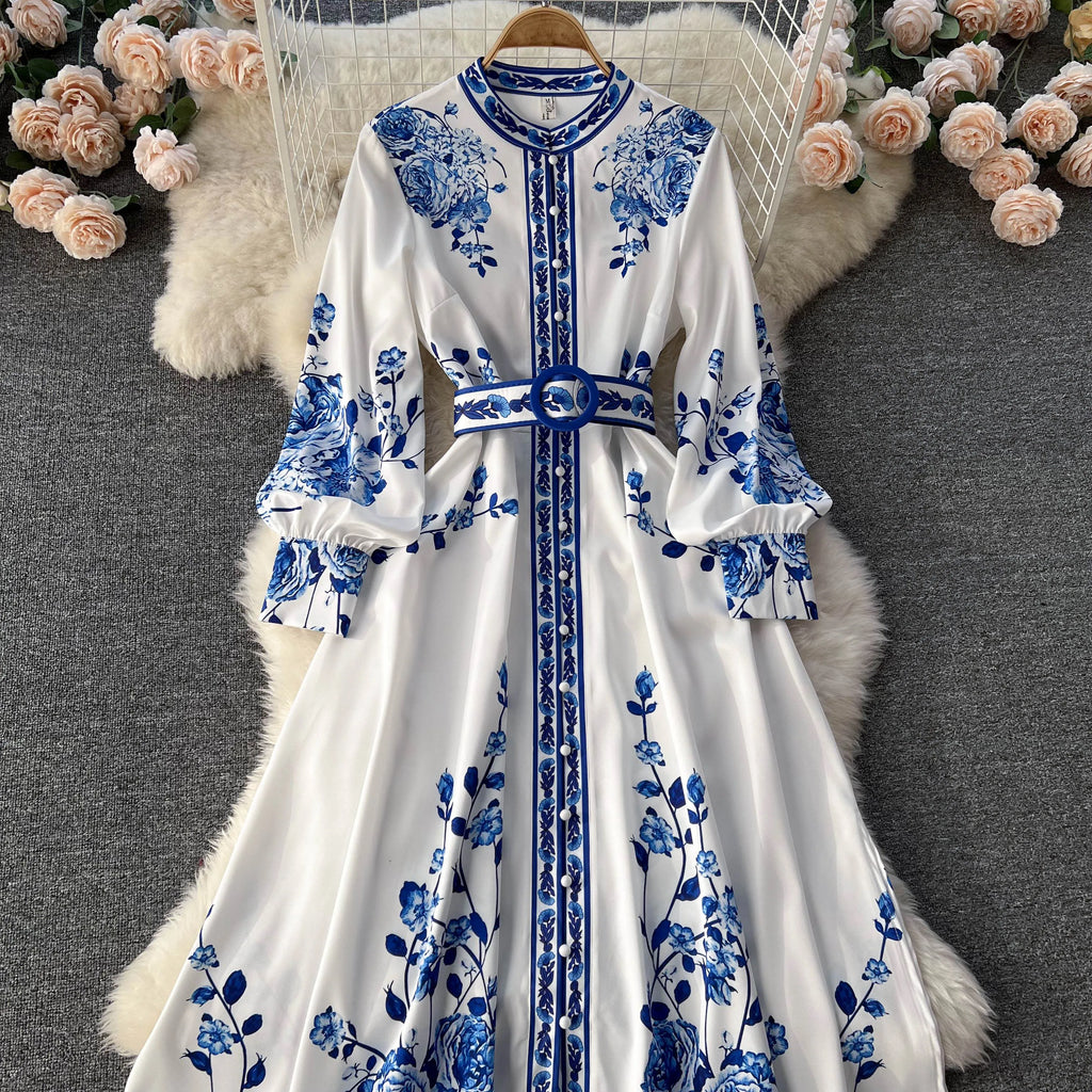 Long Sleeve V-neck Solid A-Line Dress Autumn Simple High Waist Maxi Dress Ladies Casual Dress Clothes Women Wholesale