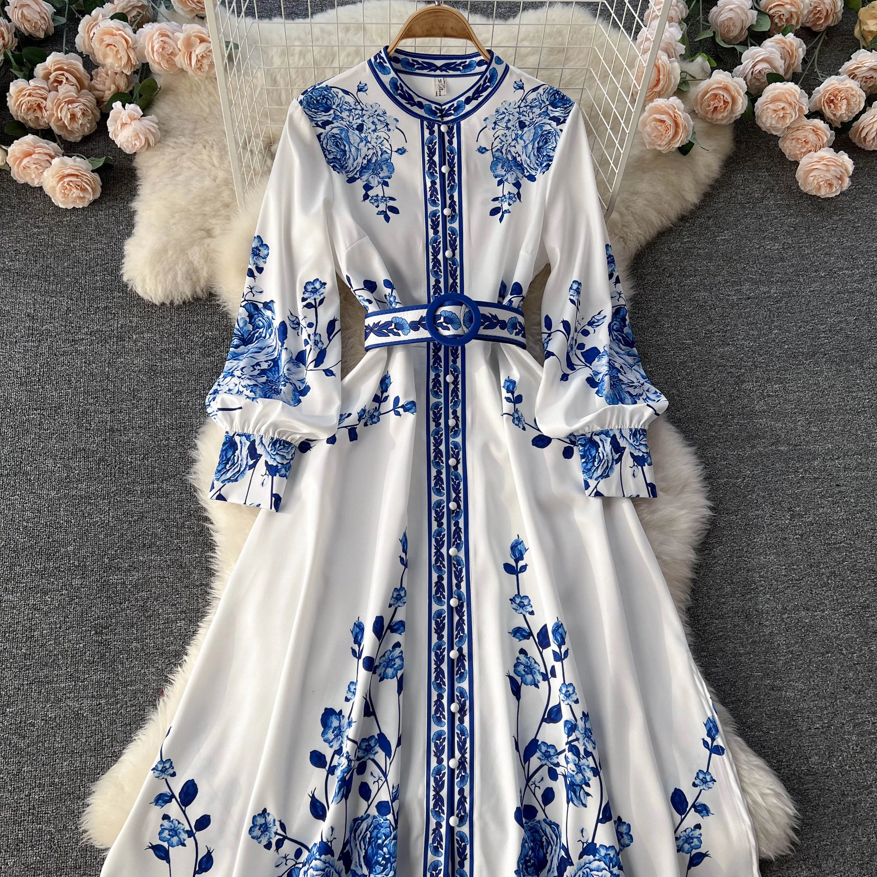 Long Sleeve V-neck Solid A-Line Dress Autumn Simple High Waist Maxi Dress Ladies Casual Dress Clothes Women Wholesale