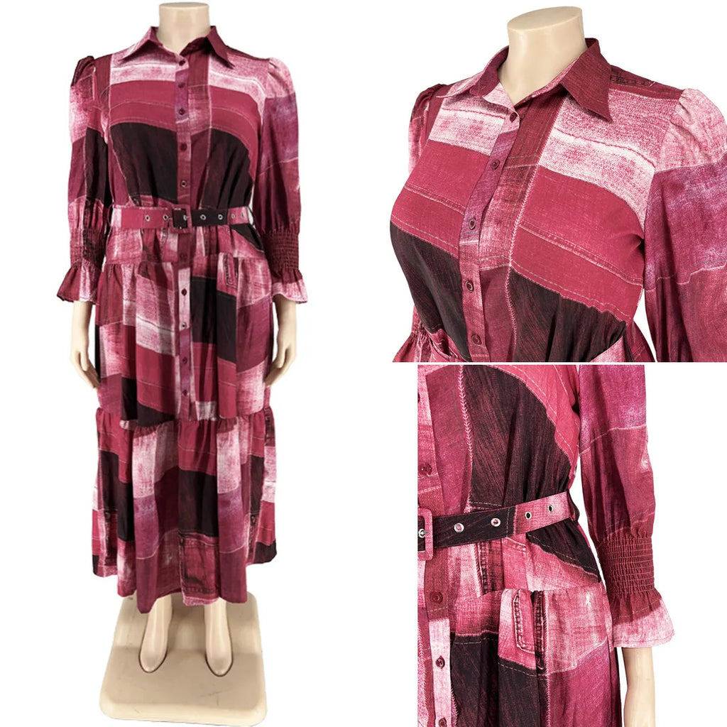 Y218285 High Quality Plus Size Long Dresses Women Casual Long Sleeve Turn-down Colar Printed Maxi Dress Ladies Dress