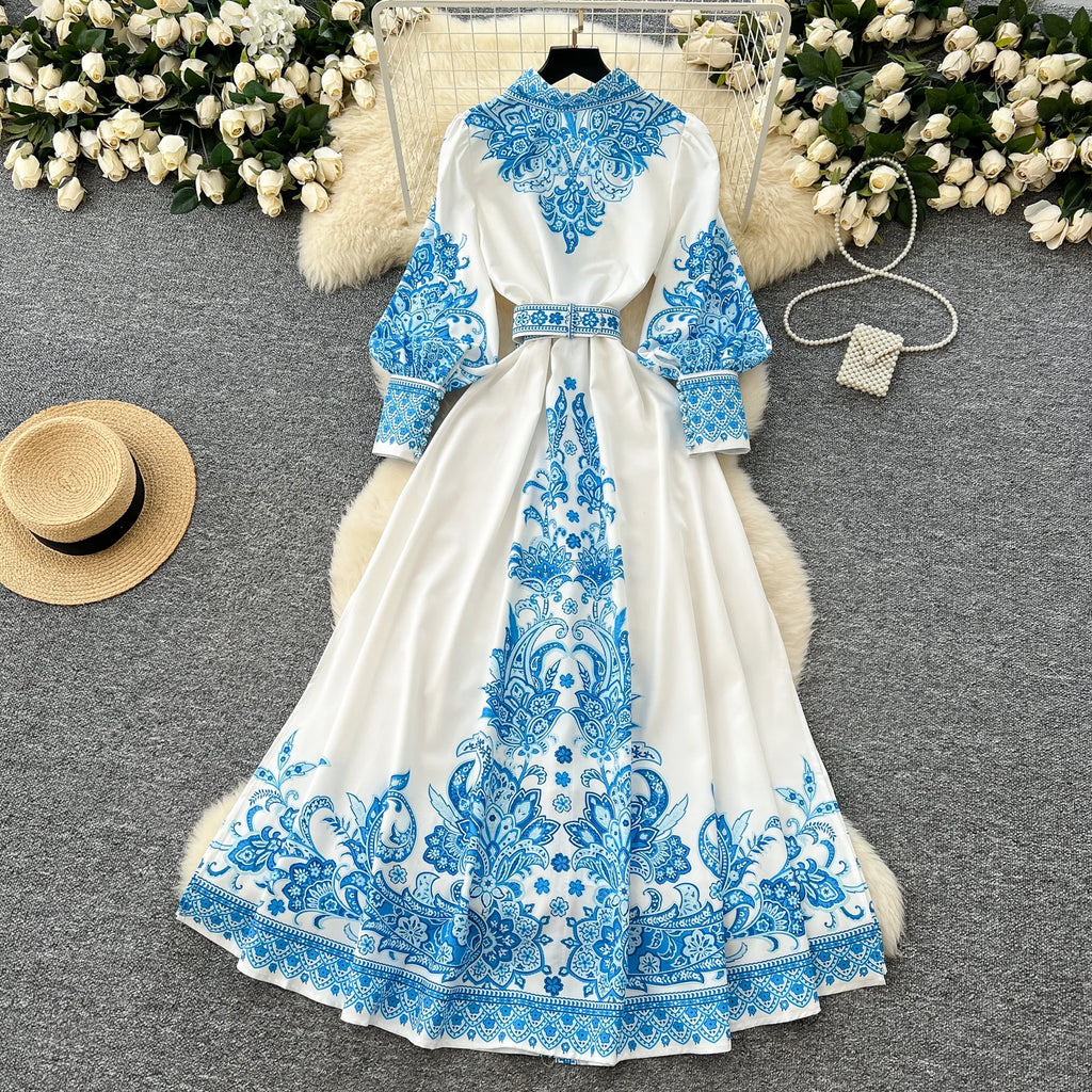 2025 Spring Vacation Turn-down Collar Tunic Casual Midi Dress For Women Lantern Sleeve Empire Printed Lace Dress