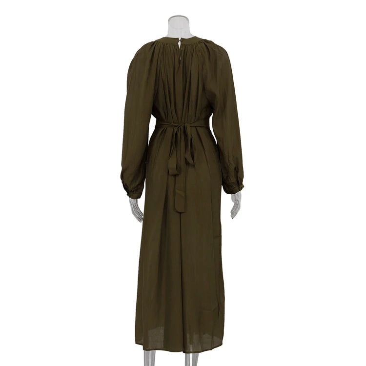 Spring Autumn Fall Button-Up Belted Plisse Elegant Dresses Green Women's Casual Long Sleeve Modest Maxi Dress Ladies