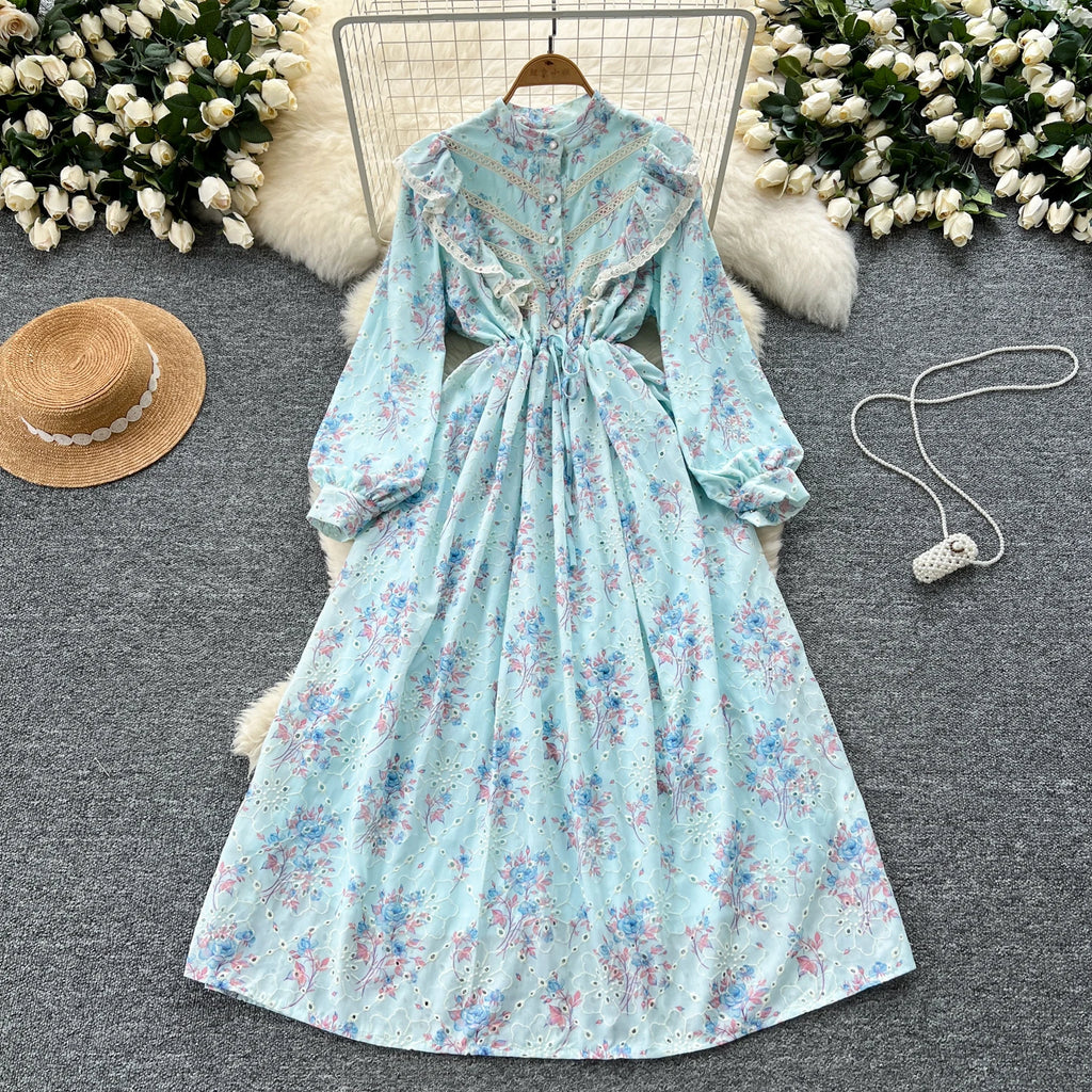 Spring Roman Tunic Casual Midi Dress For Women Empire Floral Hollow Out Lace Dress