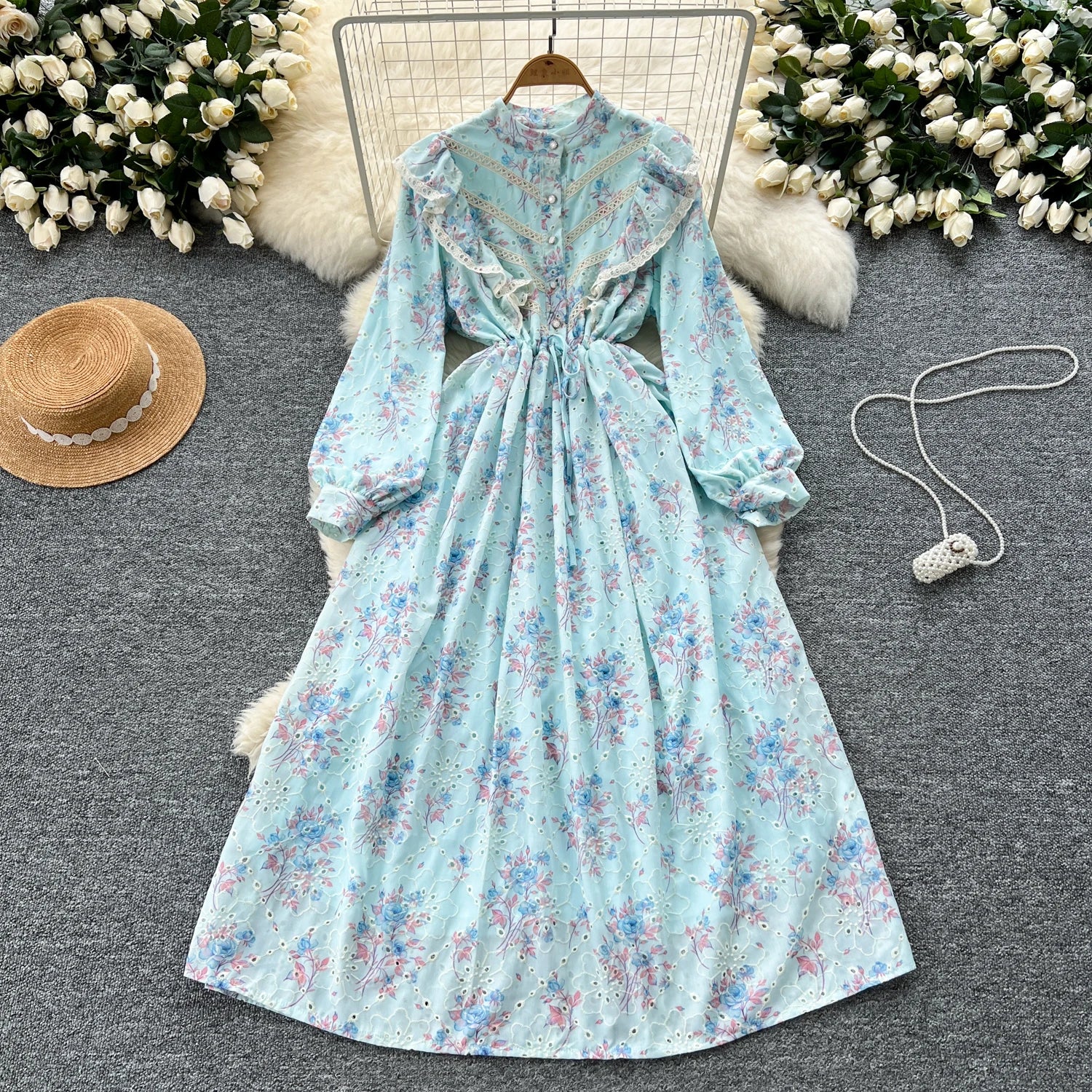 Spring Roman Tunic Casual Midi Dress For Women Empire Floral Hollow Out Lace Dress